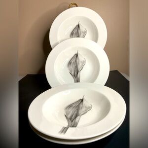 Set Of 4 222 Fifth Botanica Calla Soup Bowls Wide Rim Flower  9”